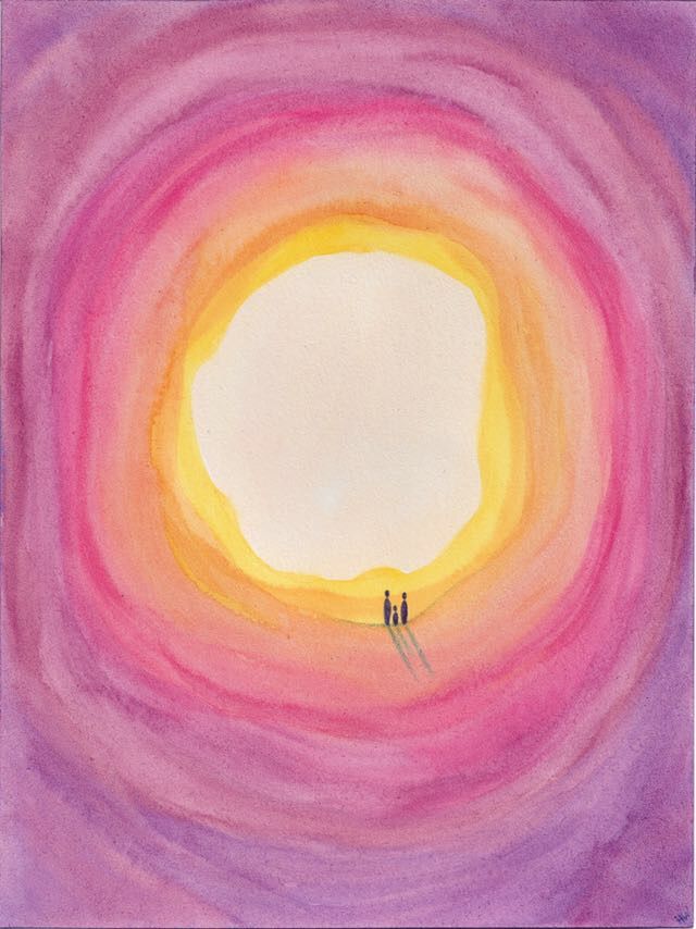 Acuarela de dos figuras caminando hacia un sol muy grande